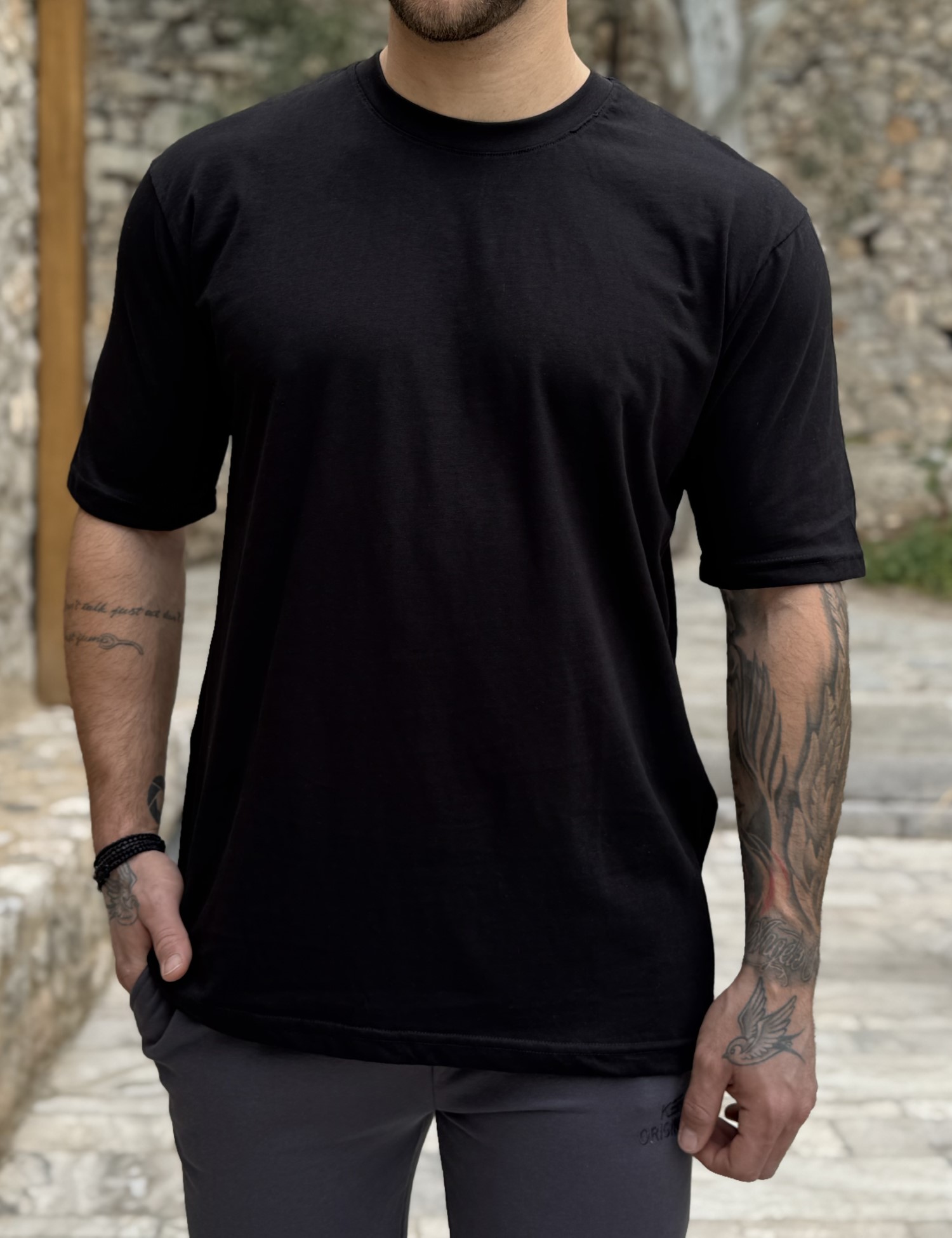 Ανδρική βαμβακερή μαύρη κοντομάνικη μπλούζα KEF2626M - KEF - 